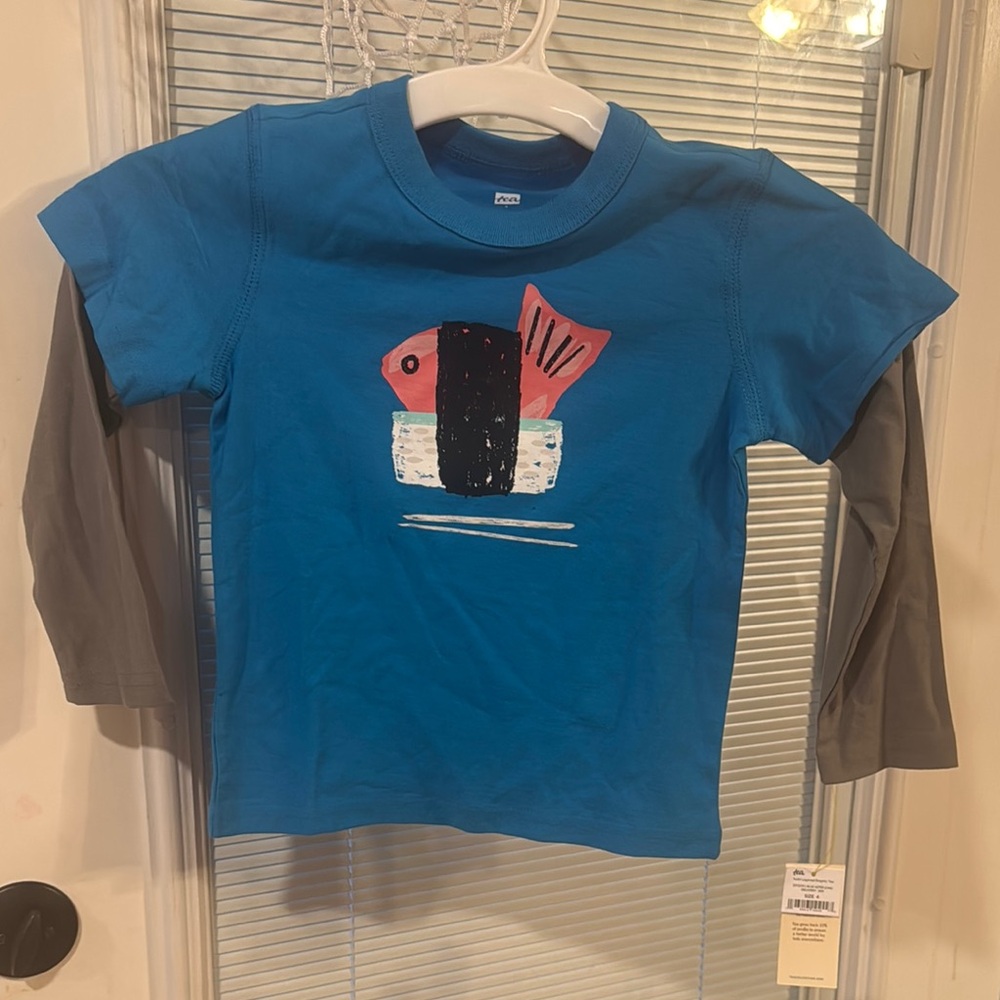 TEA collection NWT Blue Sushi Graphic T-Shirt with Gray Sleeves
